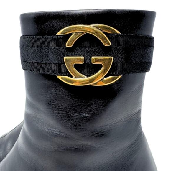 Gucci GG Logo Interlocking Monogram Black Leather High Heels Mid-Calf Boots 37.5 - Picture 2 of 11